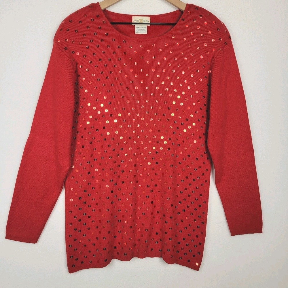 Vintage 90s Jaclyn Smith Angora Silk Blend Sweater‎ Size L Red Sequins Glam